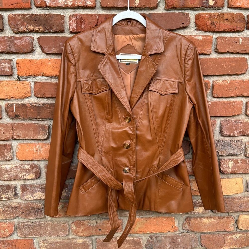Leather Vintage Suburban Heritage Cognac 
Button Up Tie Lined Jacket 13/14